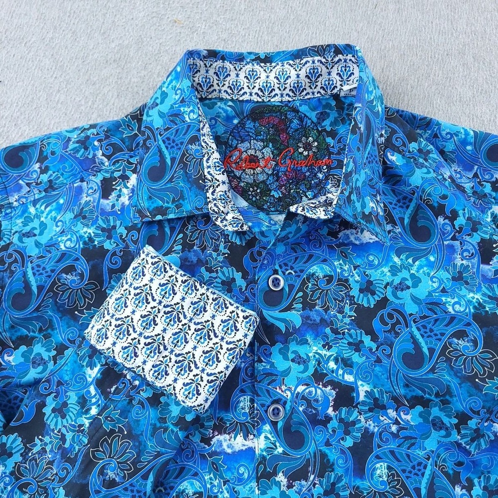 Robert Graham Shirt Mens Small Blue Paisley Floral Classic Fit Stretch Cotton
